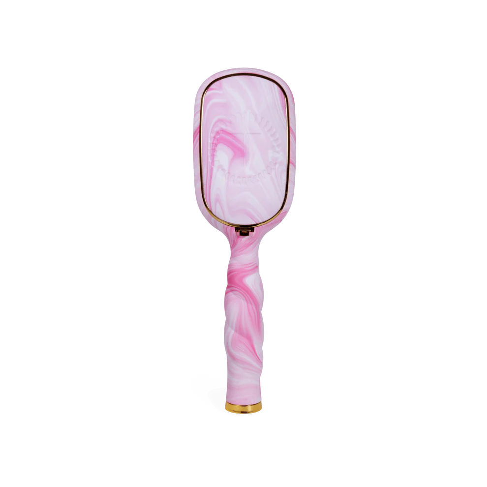 Rectangular pink and white marbled detangler brush with gold-trimmed head and matching handle. Sizes: standard.