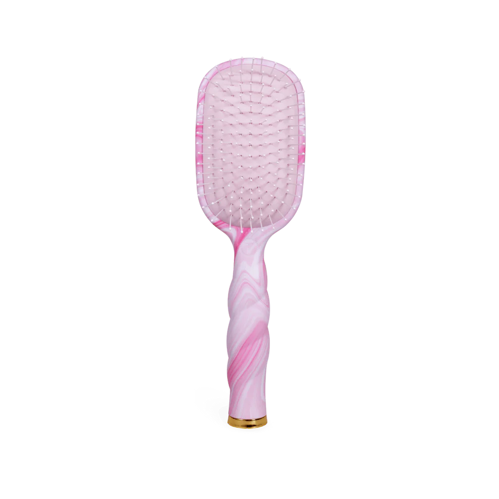 Pink marbled handle detangler brush with gold accent, white paddle-shaped vented bristles. Sizes available: one size.