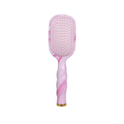 Pink marbled handle detangler brush with gold accent, white paddle-shaped vented bristles. Sizes available: one size.