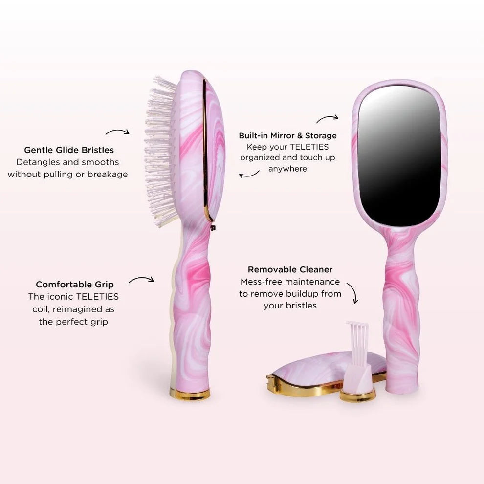 Pinch Me! Tie Dye Pink Detangler Hair Brush with gentle bristles, comfy grip, built-in mirror, storage, and removable cleaner. Sizes: N/A.