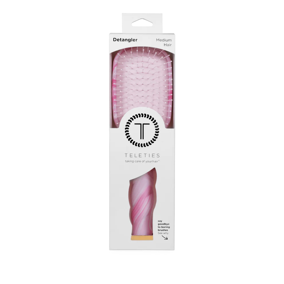 Mini Pinch Me! Tie Dye Pink Detangler Hair Brush for medium hair in TELETIES box; size: mini; visible pink bristles.