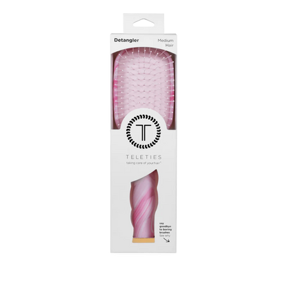 Mini Pinch Me! Tie Dye Pink Detangler Hair Brush for medium hair in TELETIES box; size: mini; visible pink bristles.