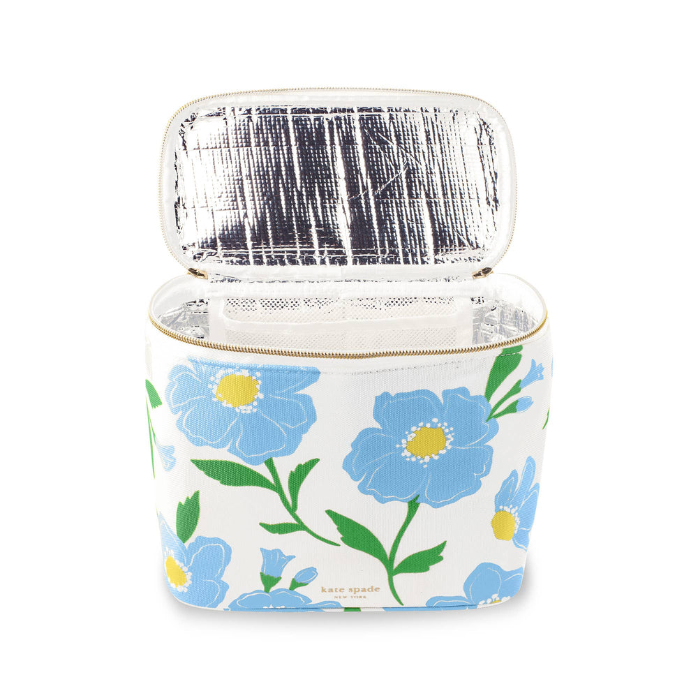 White insulated lunch tote with blue florals, green leaves, gold zipper, silver lining. "Kate Spade New York" logo. Sizes: N/A.