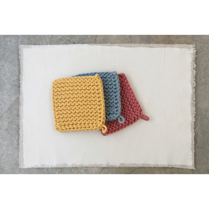 Three Primary Color Crocheted Pot Holders in yellow, blue, and pink with a hanging loop. Sizes available: Small, Medium, Large.