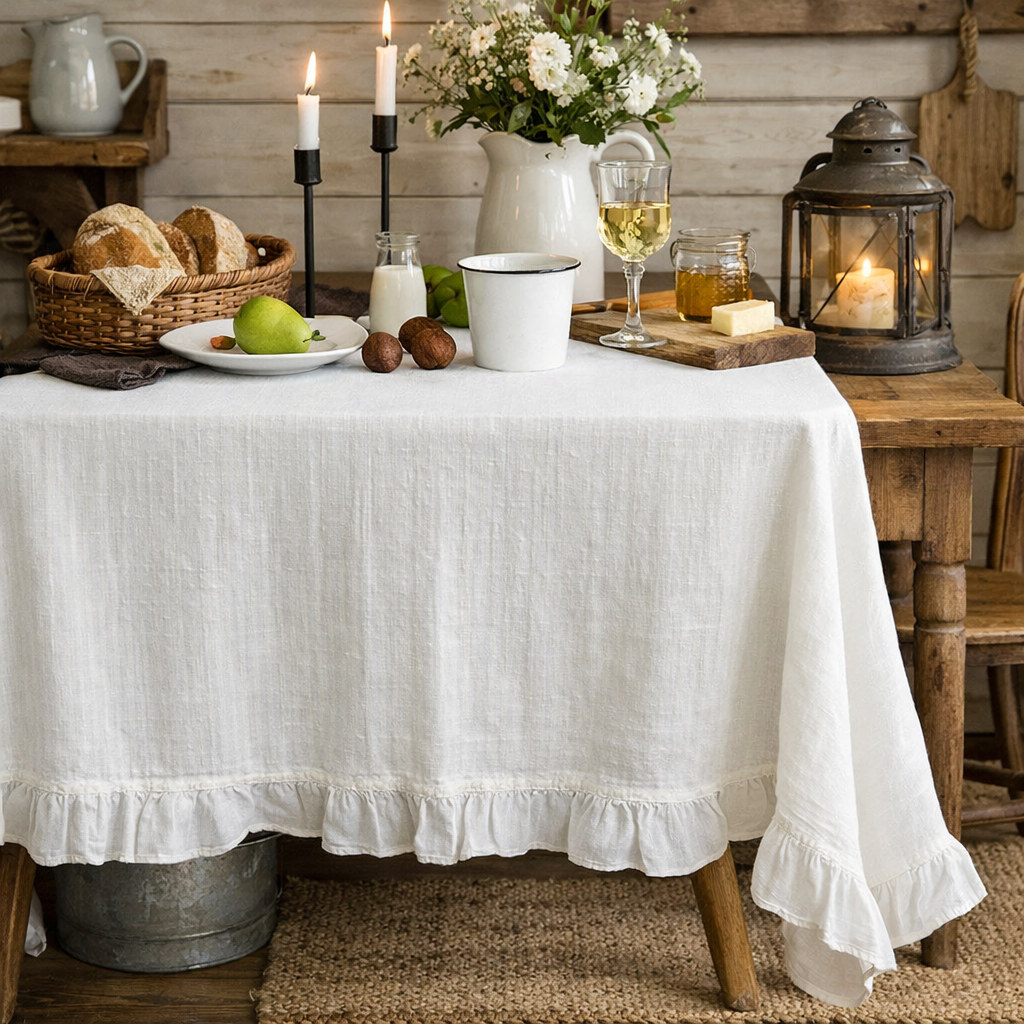 White French Ruffled Cotton Tablecloth, rectangular, shown in 55″x120″—available in multiple sizes.