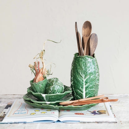Cabbage Shaped Salt & Pepper Shakers, available in small and medium sizes, featuring detailed green leaf texture.