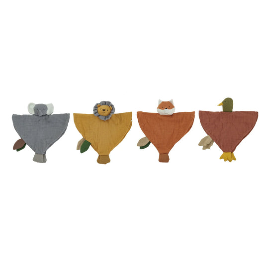 Plush animal snuggle toys with a blanket body crafted from cotton double cloth. Available designs: gray elephant, yellow lion, orange fox, brown duck. Sizes not specified.