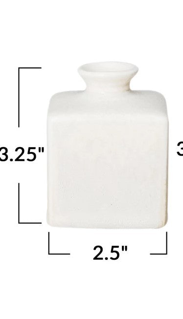 Small white square stoneware vase with narrow round opening, 3.25" tall, 3" wide, 2.5" deep. Sizes: 3.25"x3"x2.5".