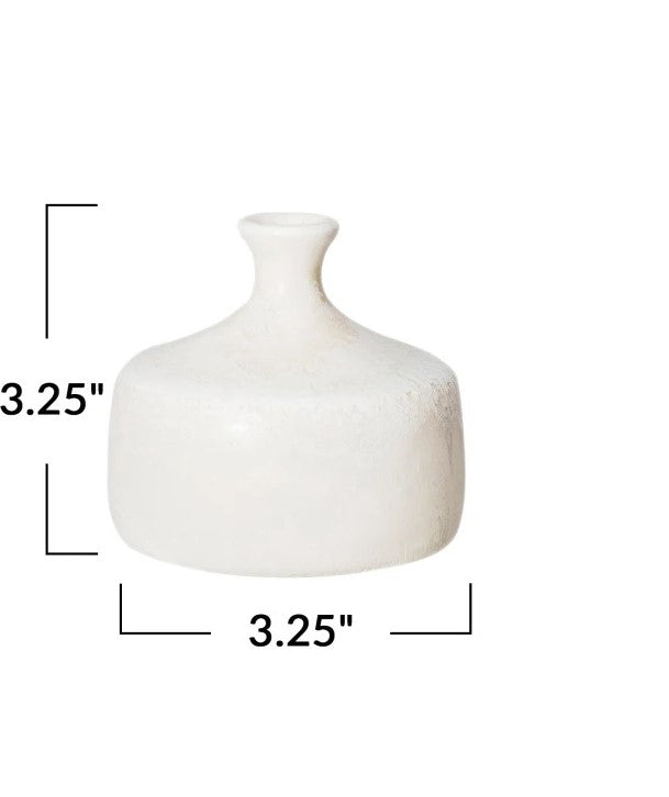 Small, round white stoneware vase with narrow neck, smooth finish; 3.25" high and wide.