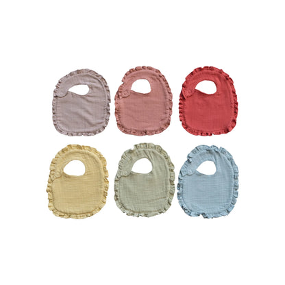 Six Cotton Double Cloth Baby Bibs with Terry Back & Ruffles come in shades of light pink, dusty pink, coral red, pale yellow, sage green, and light blue. Features a small button closure. Available in one size suitable for infants.