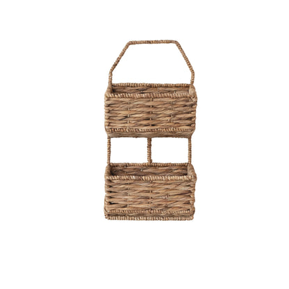 The Metal & Water Hyacinth 2-Tier Wall Basket is a 15-3/4"W x 13"D x 14-1/2"H natural, hand-crafted basket featuring a woven design and handle. Ideal for storage or decoration with rustic style and rectangular baskets.