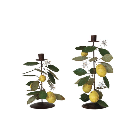 Hand-painted metal lemon tree taper holders with green leaves, yellow lemons. Available in 8" and 12" sizes.
