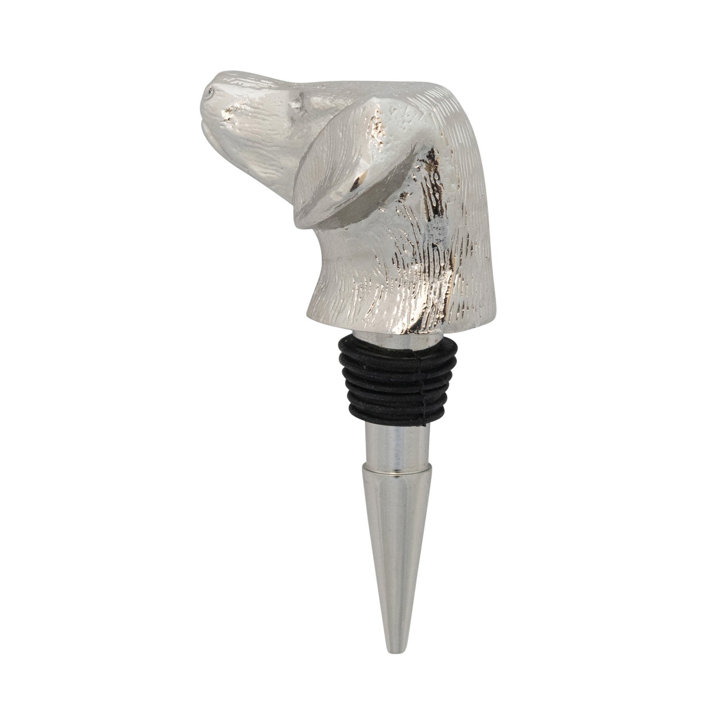 Stylish Cast Aluminum Animal Head Bottle Stopper with metallic dog design and nickel finish. Available in one size, packaged in a Kraft box.