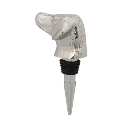 Stylish Cast Aluminum Animal Head Bottle Stopper with metallic dog design and nickel finish. Available in one size, packaged in a Kraft box.