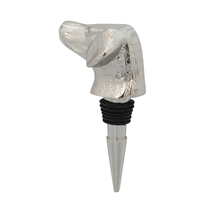Stylish Cast Aluminum Animal Head Bottle Stopper with metallic dog design and nickel finish. Available in one size, packaged in a Kraft box.