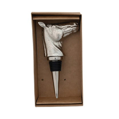 The Cast Aluminum Horse Head Bottle Stopper features a shiny nickel finish and a black rubber ring for an airtight seal. Available size: standard bottle stopper size.