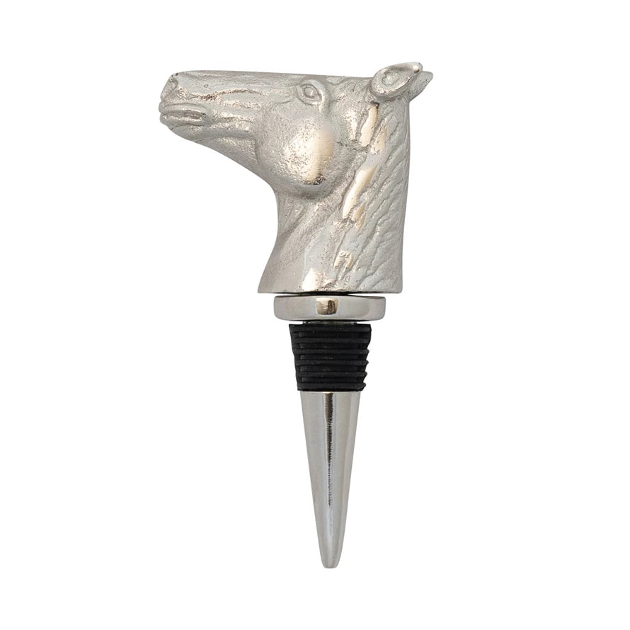 Horse Head Bottle Stopper: Cast aluminum with nickel finish, ribbed black section for a secure fit. Sizes available: Standard wine bottle size.