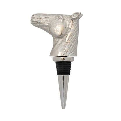 Horse Head Bottle Stopper: Cast aluminum with nickel finish, ribbed black section for a secure fit. Sizes available: Standard wine bottle size.