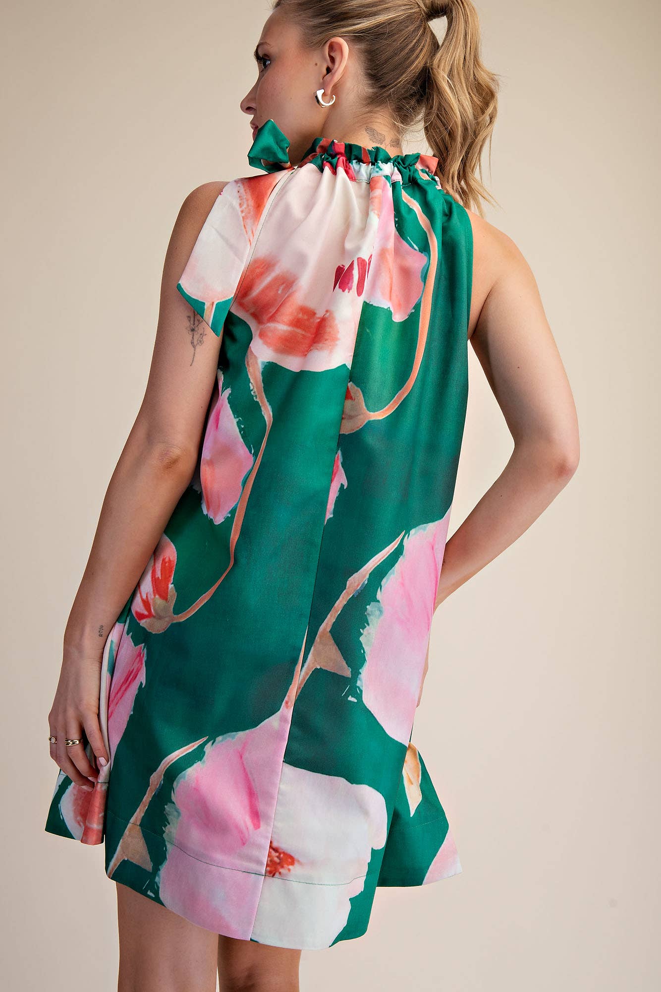 Mini Dress Ruffle Neck Tie Sleeveless Floral Print in Royal. Available in sizes including L.