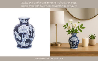 Blue Ceramic Floral Chinoiserie Decorative Vase, 9 in., quality craftsmanship, compact; available only in 9 in. size.