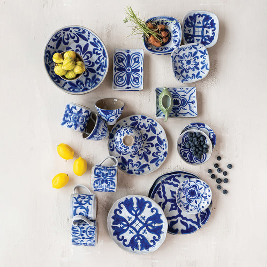 Hand-Painted Stoneware Footed Dish in 4 styles, blue and white patterns, various sizes. Intricate detailing.
