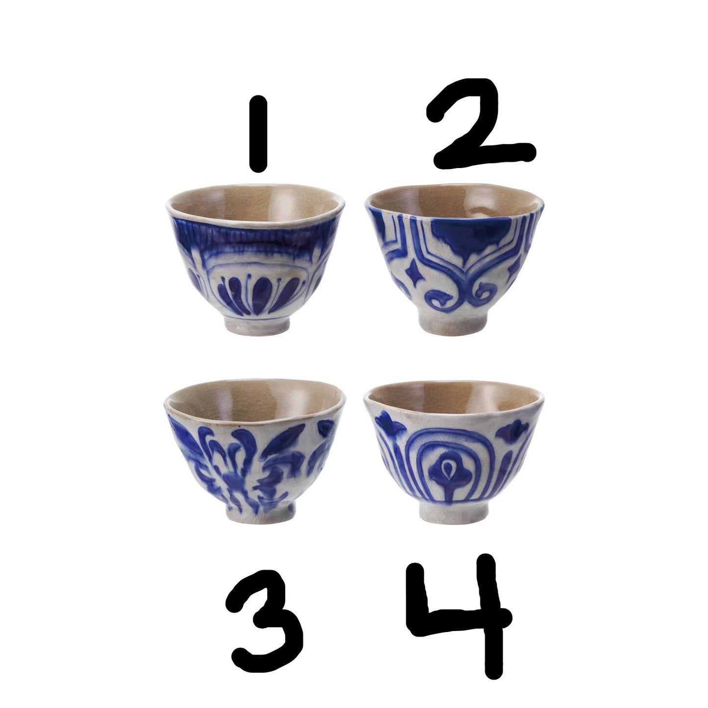 Set of four 10 oz. stoneware bowls/teacups, each hand-painted with unique blue and white designs. Sizes: 10 oz.