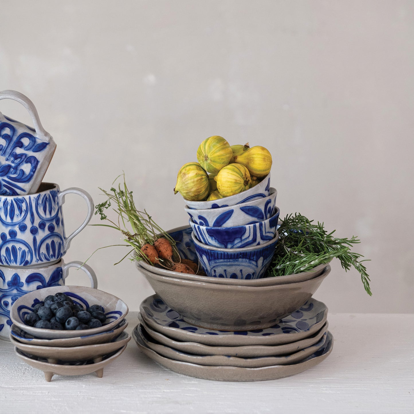 10 oz. hand-painted stoneware bowl/teacup with blue patterns; available in 4 styles.