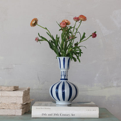 Hand-painted stoneware vase in blue and white with dots/stripes, 9"-10".