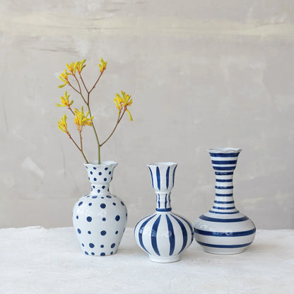 Set of three 9"-10" hand-painted stoneware vases in blue and white, featuring polka dots, vertical stripes, and horizontal stripes.