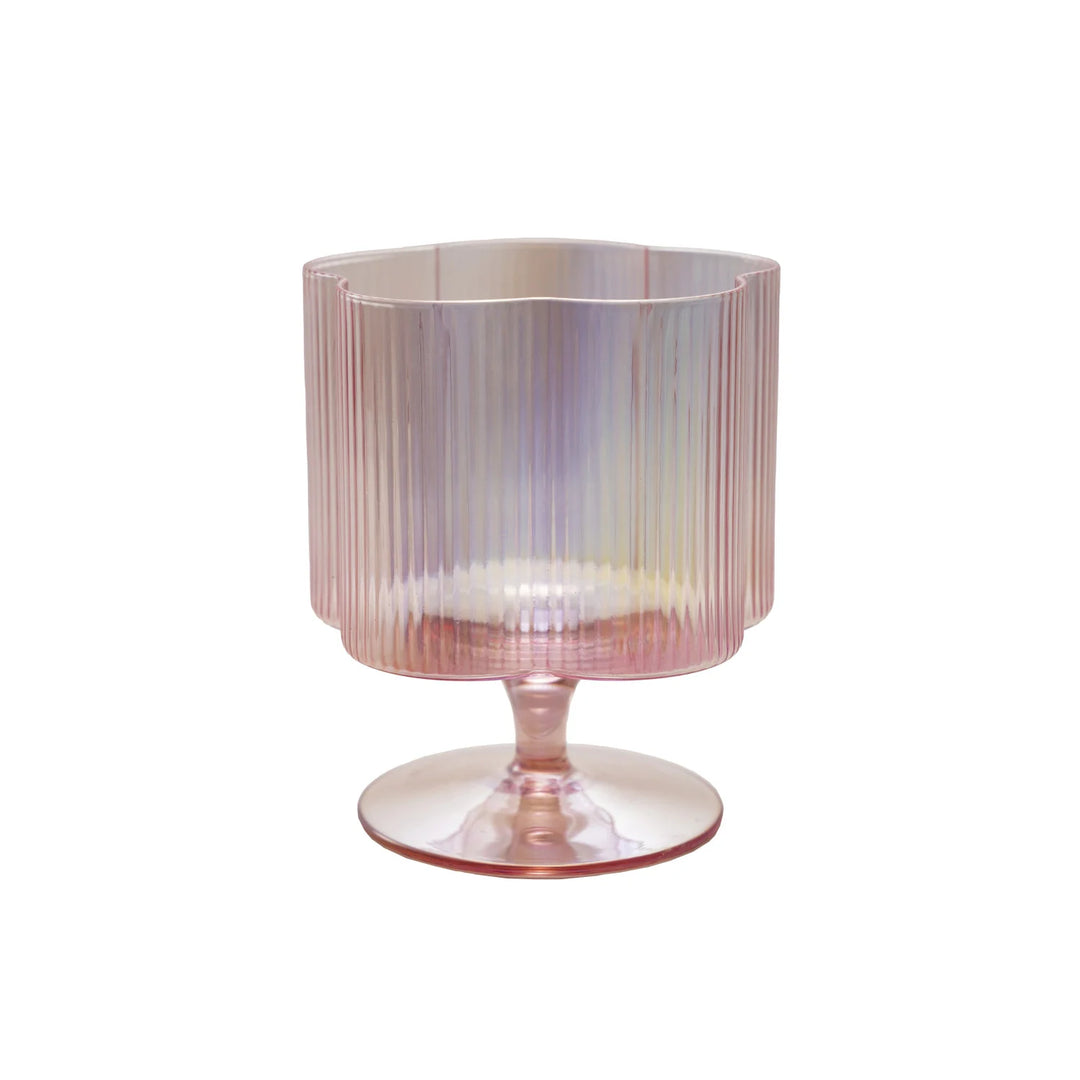 Hand-blown 12 oz. wine glass with pink pleated goblet, wide bowl, flower-shaped stem, and iridescent finish.