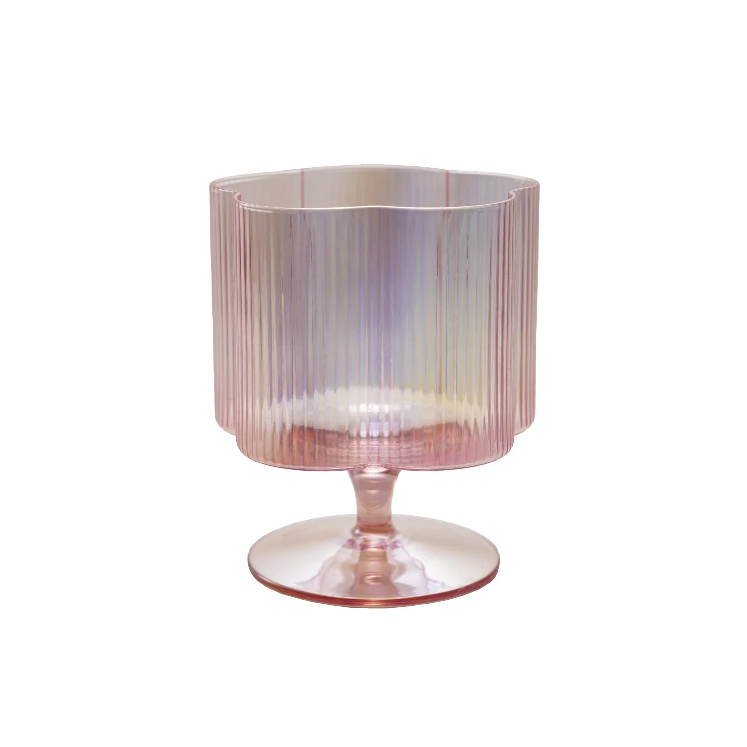 Hand-blown 12 oz. wine glass with pink pleated goblet, wide bowl, flower-shaped stem, and iridescent finish.