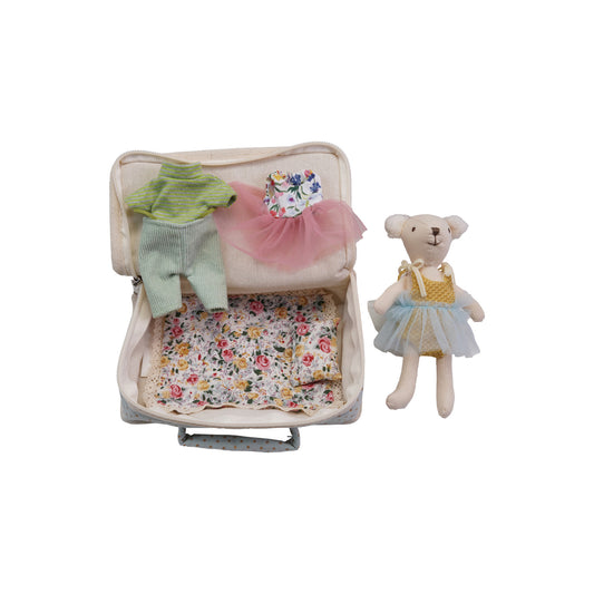 Fabric suitcase bed with plush bear in yellow and blue tutu, includes doll clothes. Set of 6. Size: small.