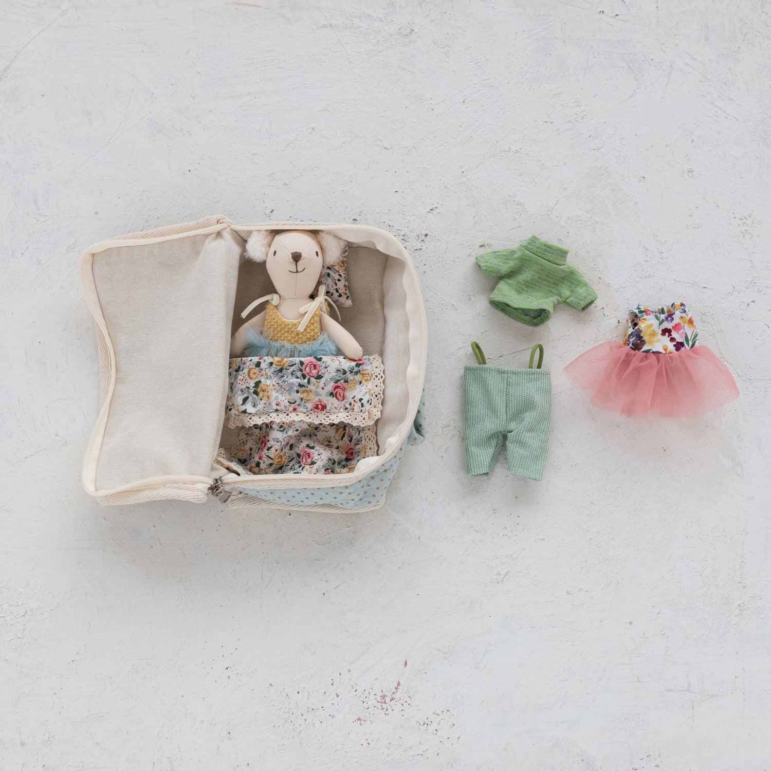 Fabric Suitcase Bed Set: includes small plush bear, zipped suitcase bed, floral blanket, 3 outfits. Sizes available.