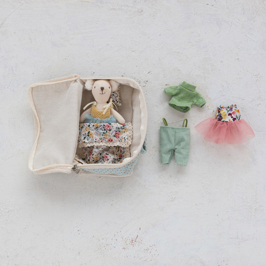 Fabric Suitcase Bed Set: includes small plush bear, zipped suitcase bed, floral blanket, 3 outfits. Sizes available.