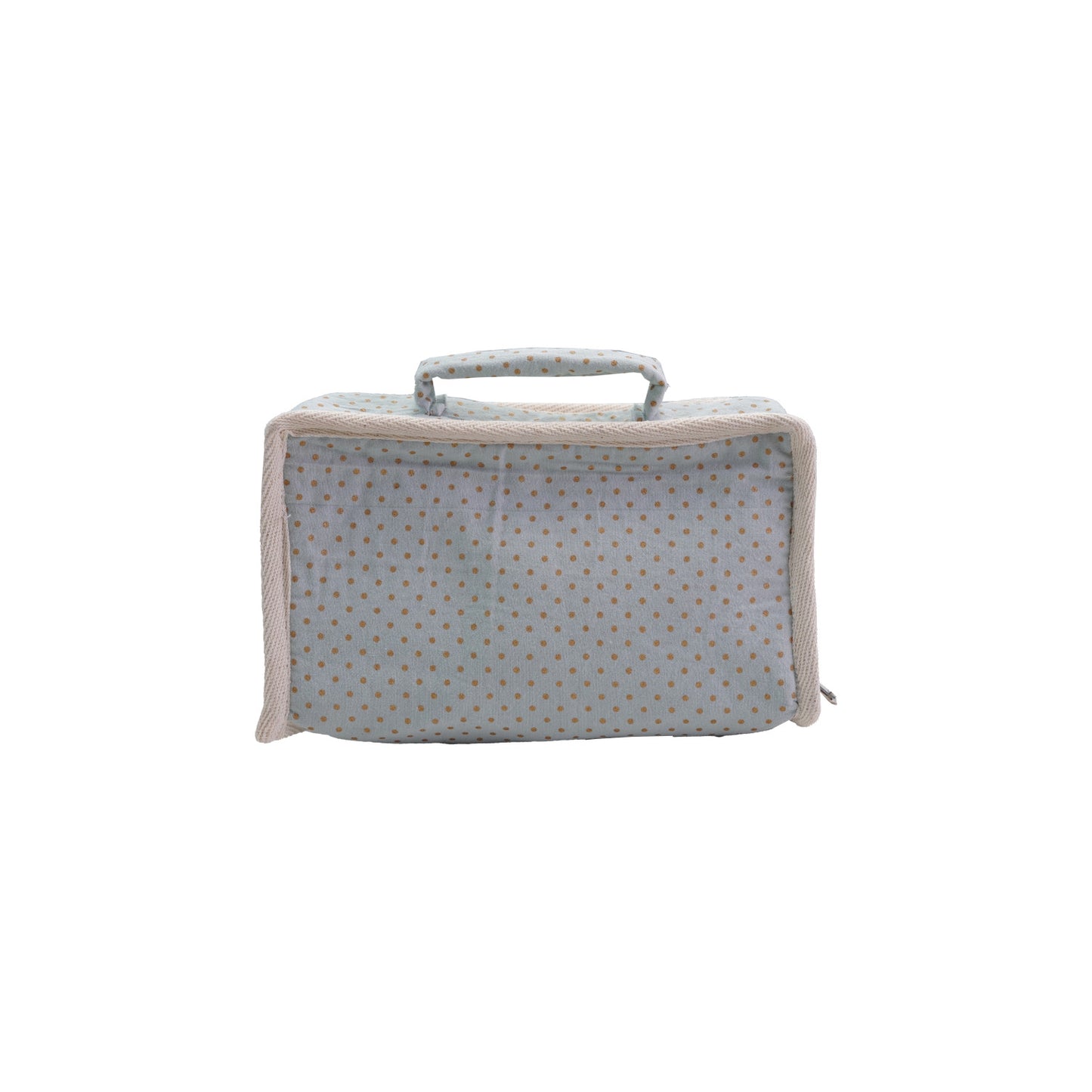 Light blue fabric suitcase bed with handle, beige zipper, brown dots. Set of 6. Sizes available: not specified.
