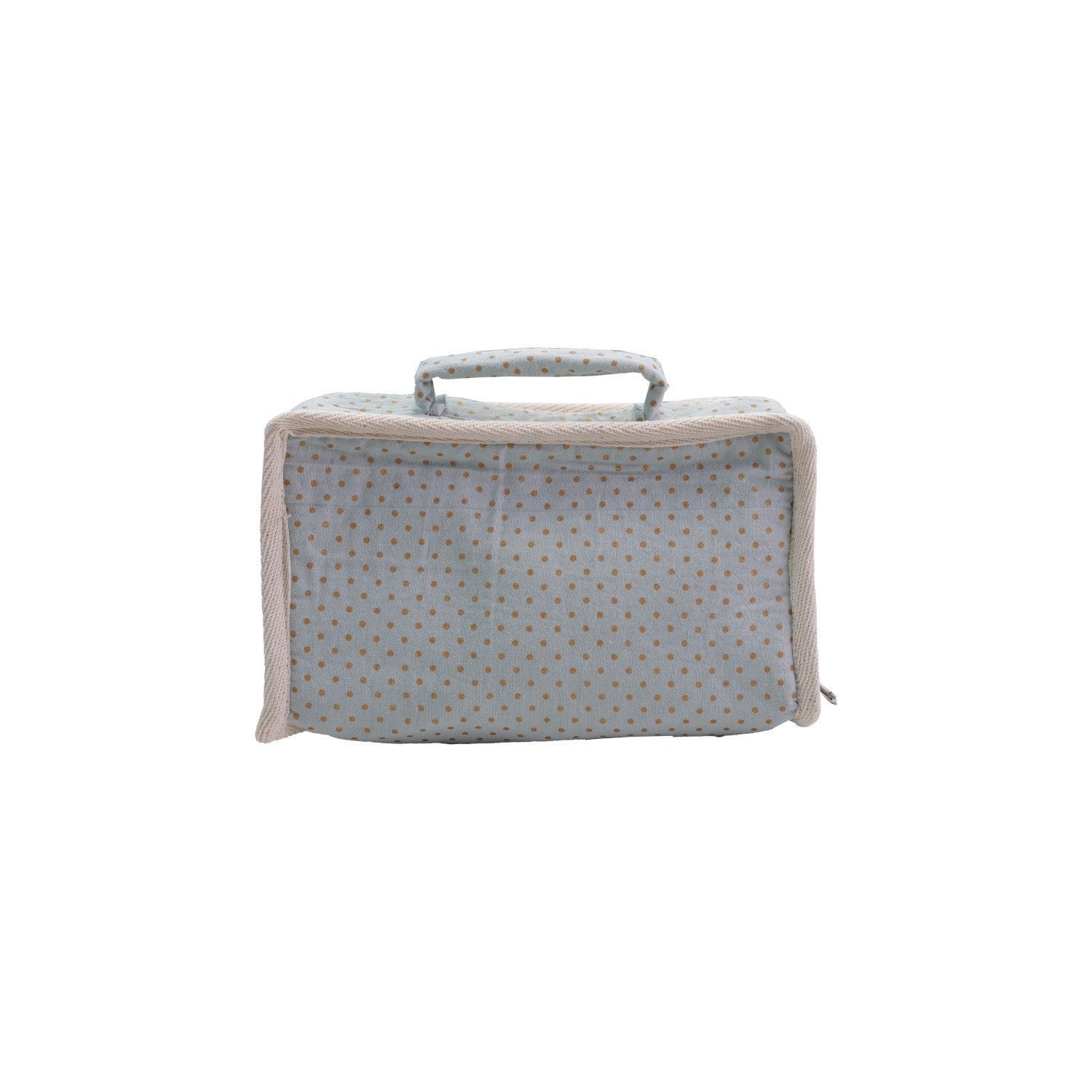 Light blue fabric suitcase bed with handle, beige zipper, brown dots. Set of 6. Sizes available: not specified.