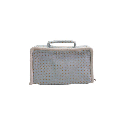 Light blue fabric suitcase bed with handle, beige zipper, brown dots. Set of 6. Sizes available: not specified.