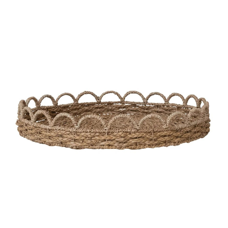 Natural Seagrass Scalloped Decorative Tray, 2 sizes, round tray with a scalloped rim.