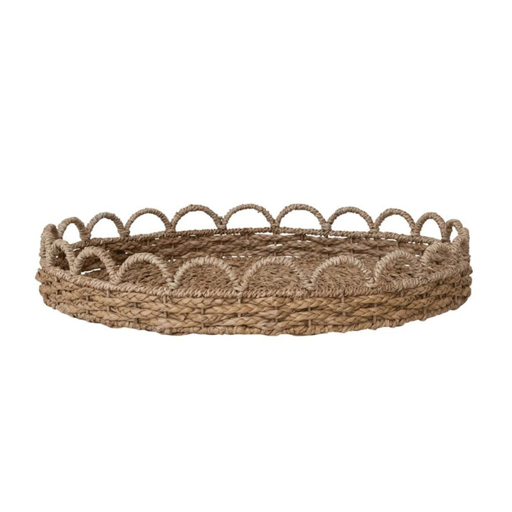 Natural Seagrass Scalloped Decorative Tray, 2 sizes, round tray with a scalloped rim.