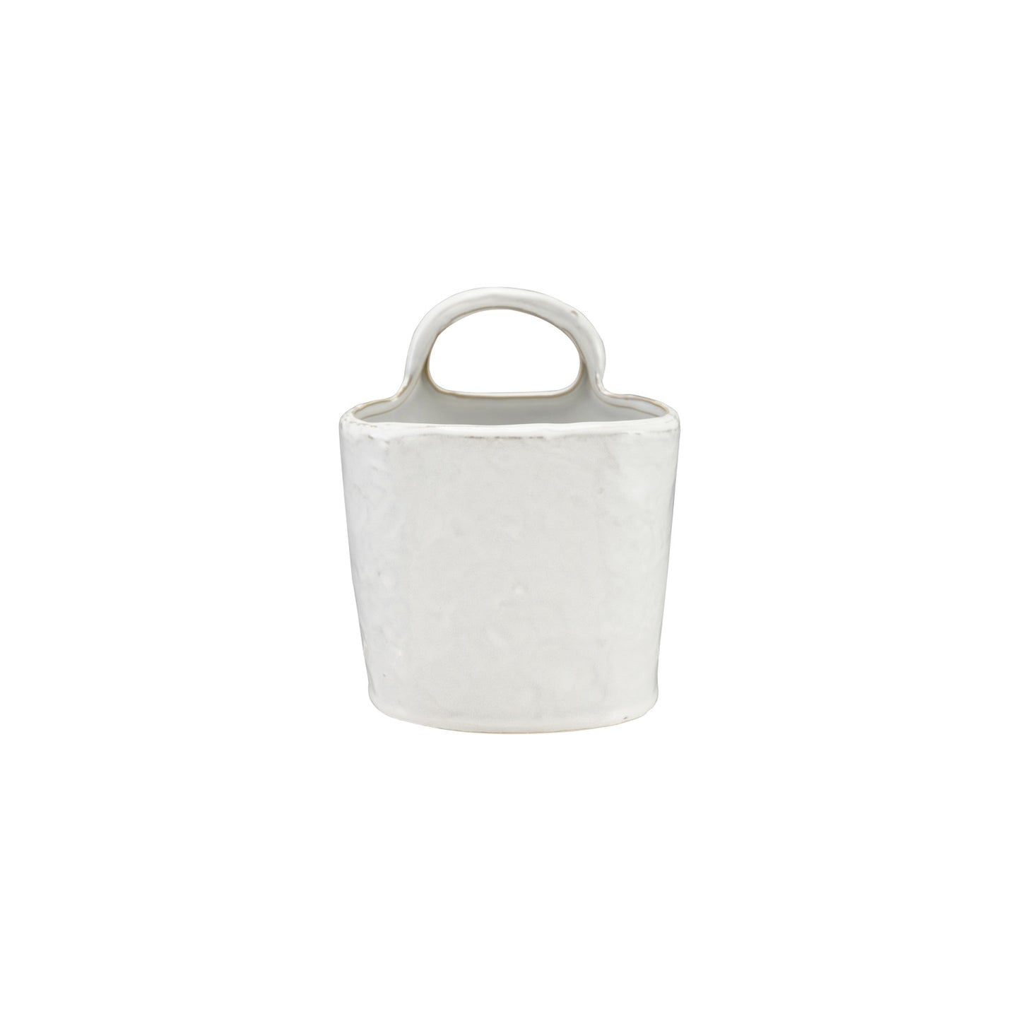 White stoneware crock with textured ceramic finish and loop handle; sizes vary. Each piece unique.