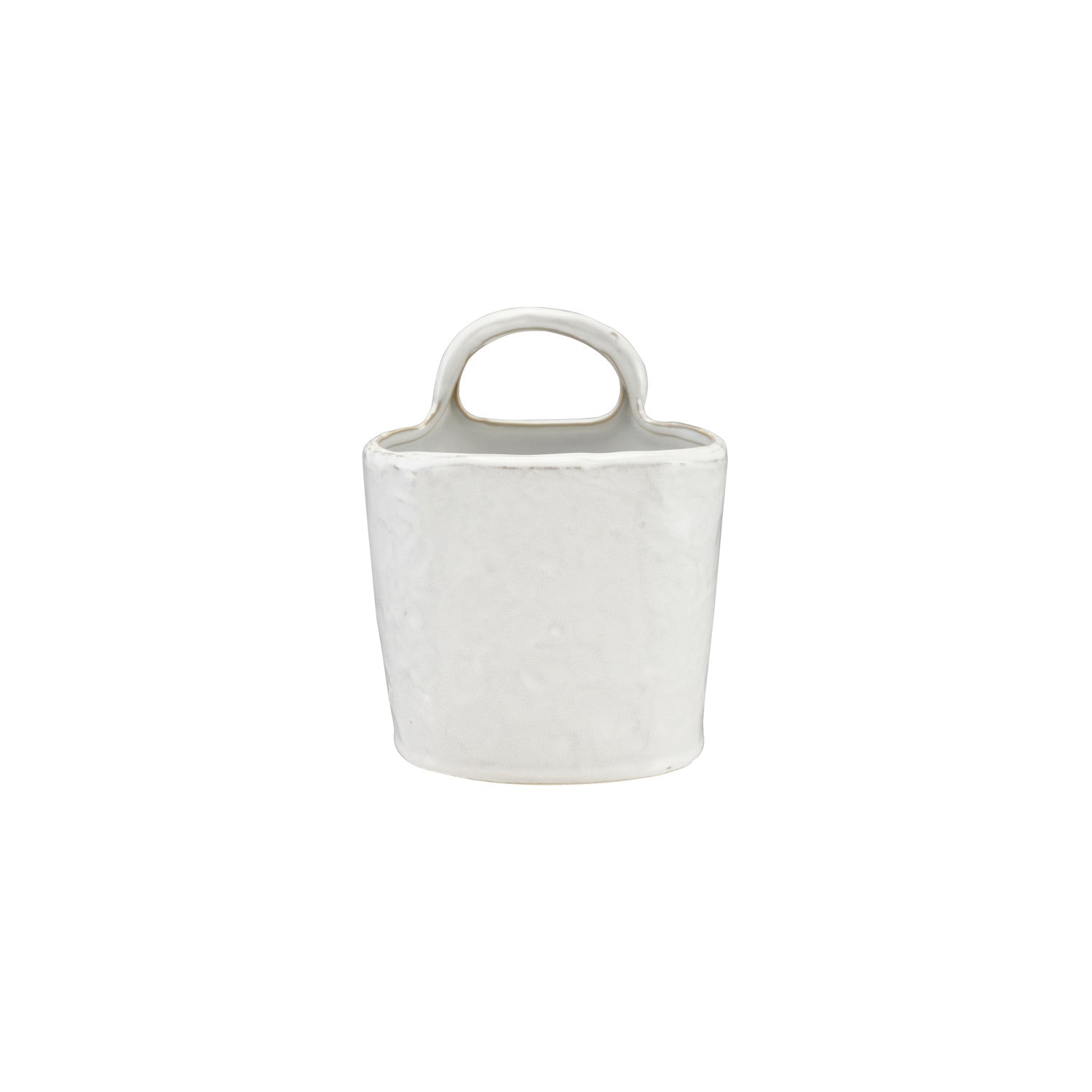 White stoneware crock with textured ceramic finish and loop handle; sizes vary. Each piece unique.