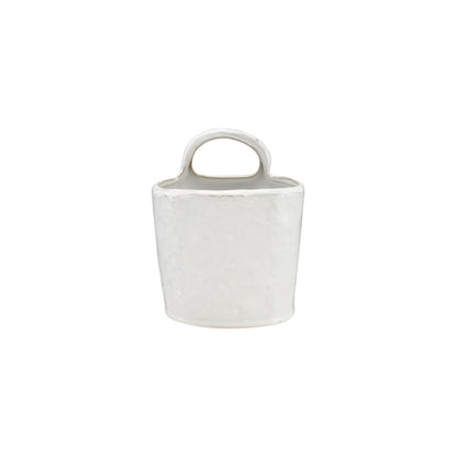White stoneware crock with textured ceramic finish and loop handle; sizes vary. Each piece unique.