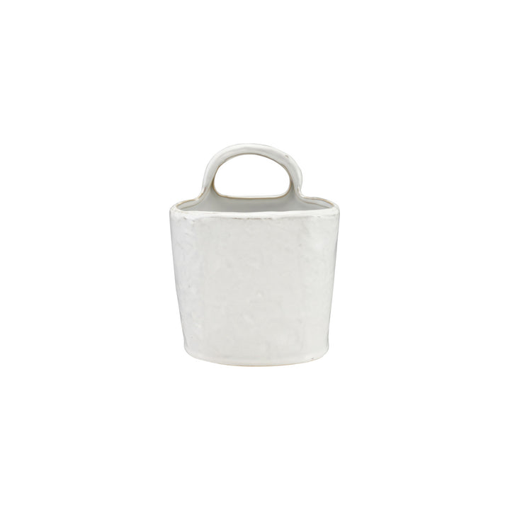 White stoneware crock with textured ceramic finish and loop handle; sizes vary. Each piece unique.