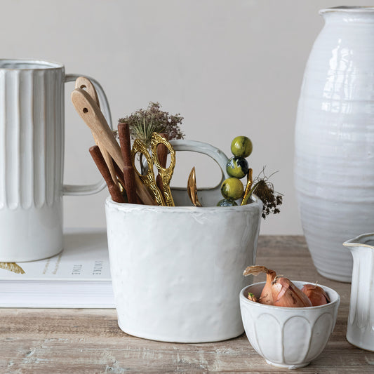 Stoneware Crock with Handle, White (Each One Will Vary)