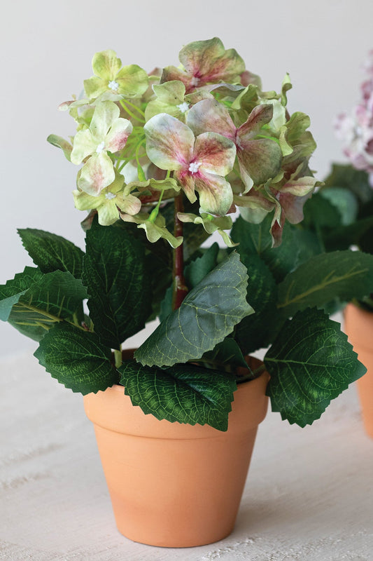 The Faux Hydrangea in Plastic Pot comes in 2 colors, featuring lifelike green leaves and pale green and pink petals in a terracotta-style pot. Sizes available.