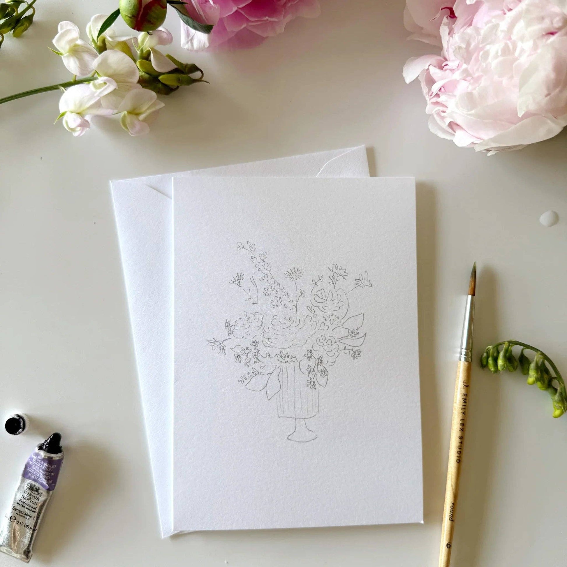Bouquets paintable watercolor notecard, size 4x6 inches, shown with envelope.
