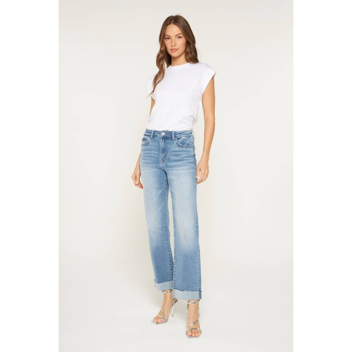 High-rise straight-leg women’s jeans in Queen Blue denim with cuffed hems, size 25.
