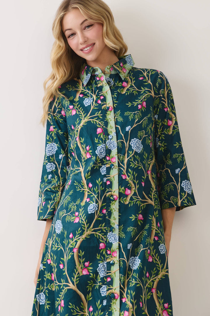 CD07354-Botanical Print Button Front Midi Dress in green with blue and pink botanical print, available in sizes S, M, L.