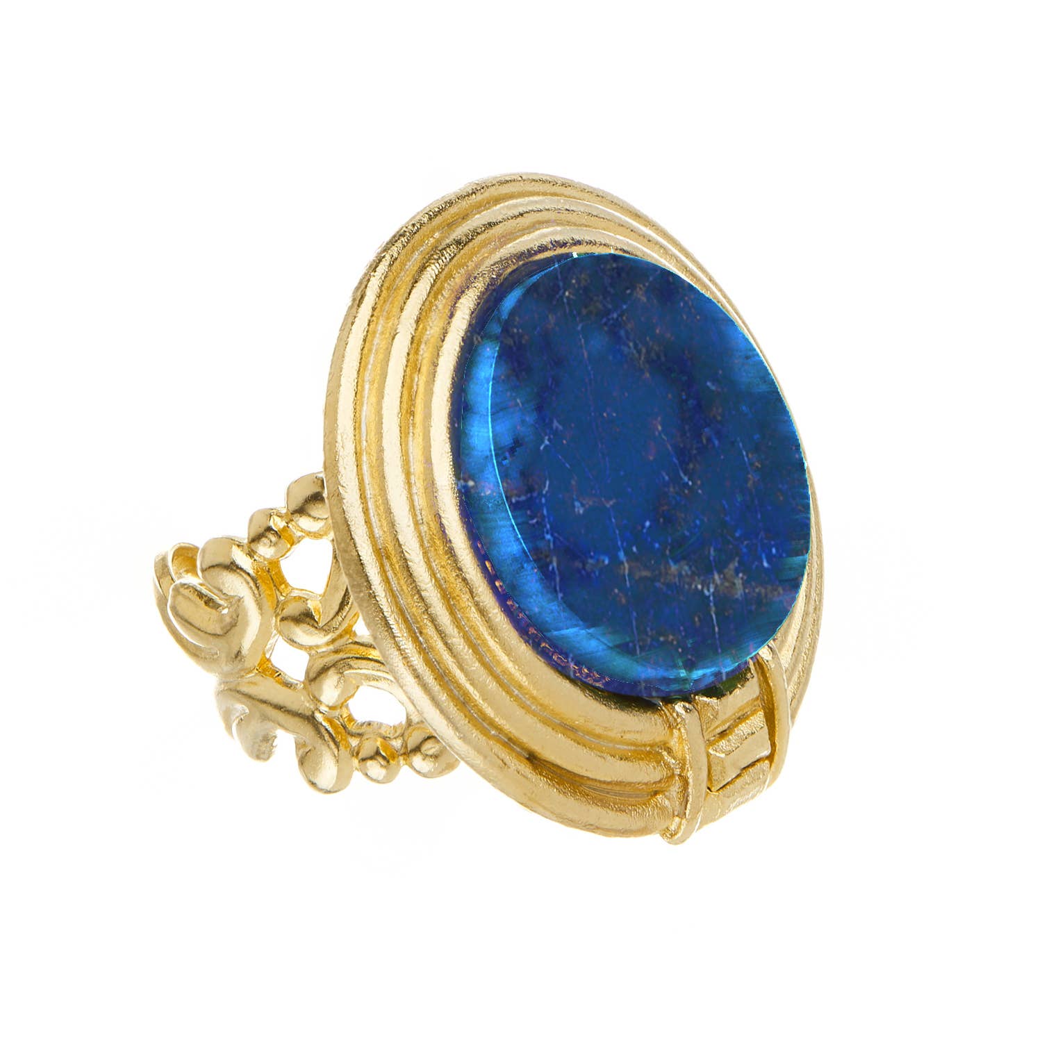 24k gold Roma Ring with ornate band, large oval blue lapis stone in detailed bezel. Available sizes: 5–9.