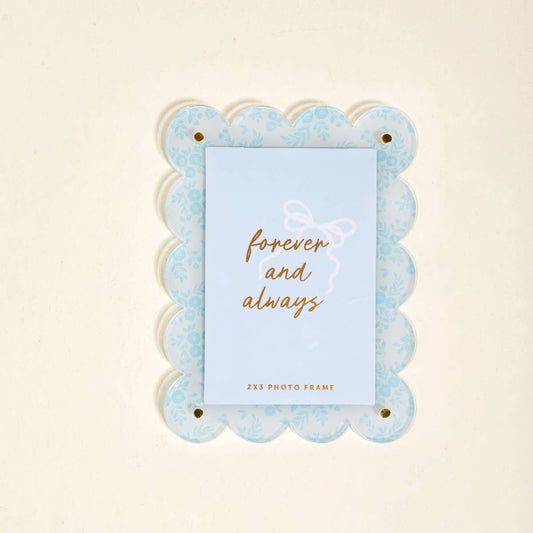 Mini Acrylic Picture Frame Magnet–Something Blue, light blue floral, holds "forever and always" card. Sizes: 2"x3", 3"x4".